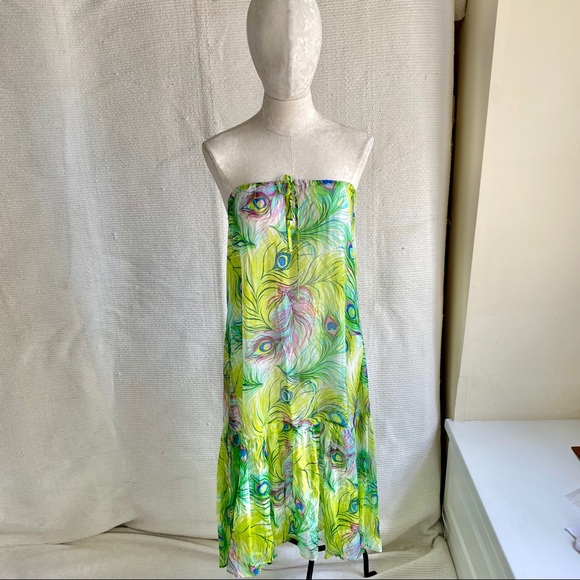 Anthro OS Silk Peacock Feather Print Skirt Dress - Picture 2 of 8